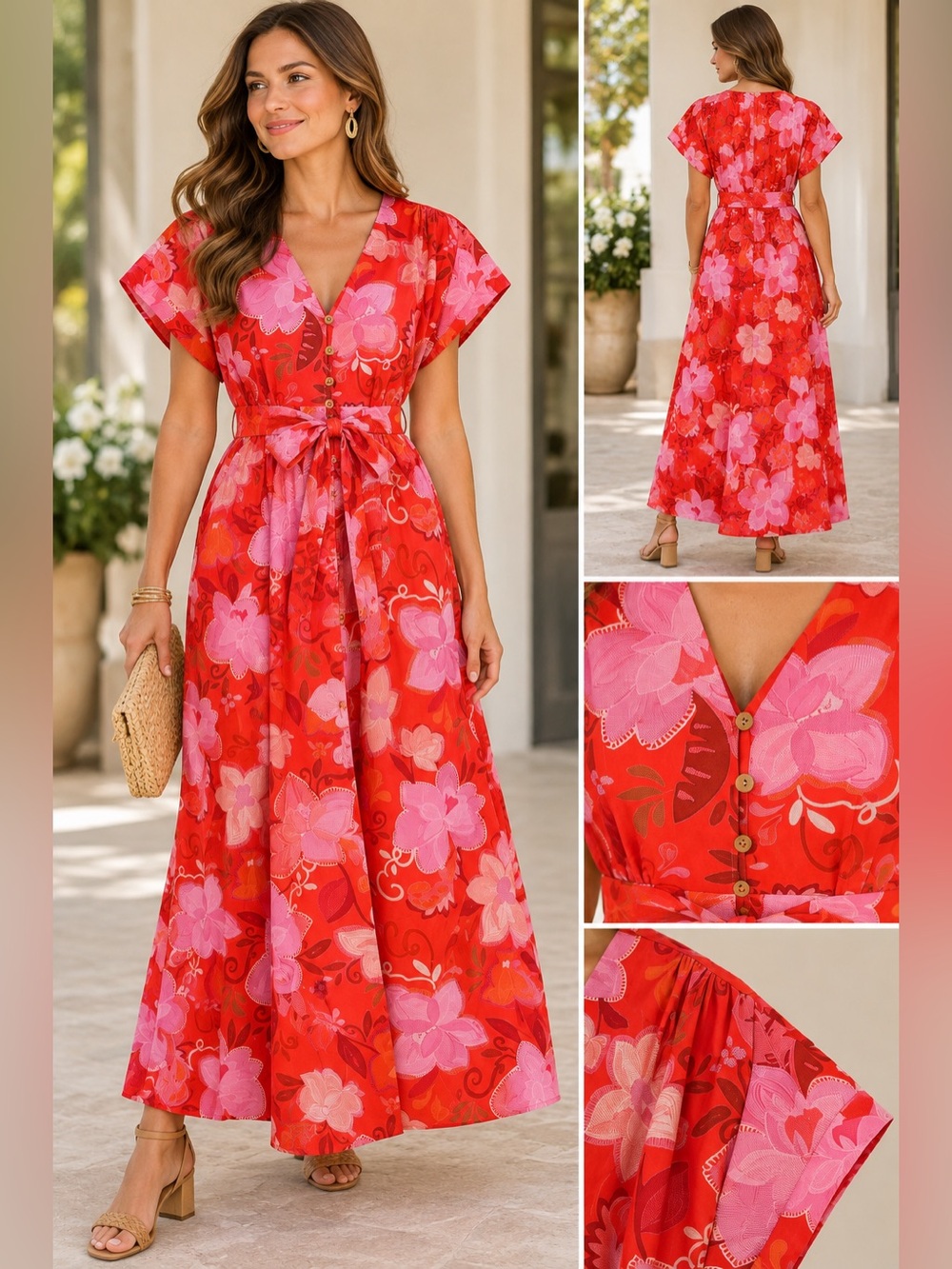 THML Red Pink Floral Cotton Maxi Dress Belted Size XS